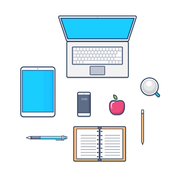 Vector set of desk technology with laptop, smartphone, notebook. flat line design icons. illustration.