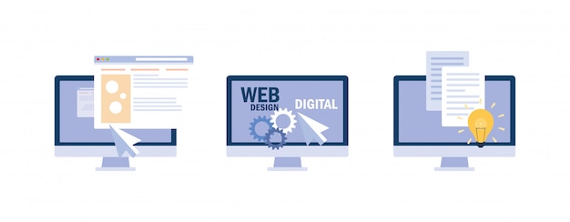 Set di schermi di computer desktop, processo di programmazione web