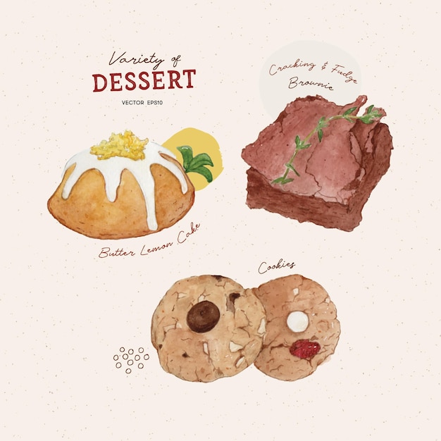 Set dessert boter citroentaart brownie en cookie aquarel stijl