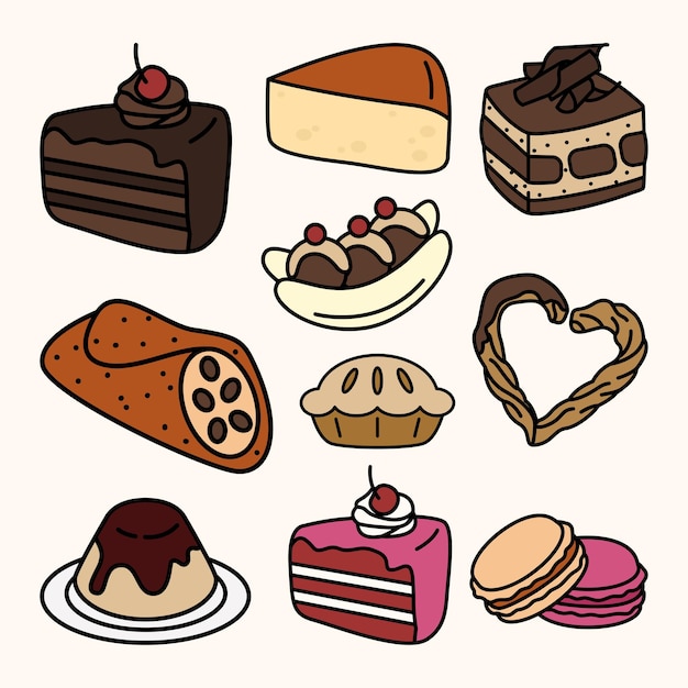 Set dessert en cake schattig platte lijn illustratie