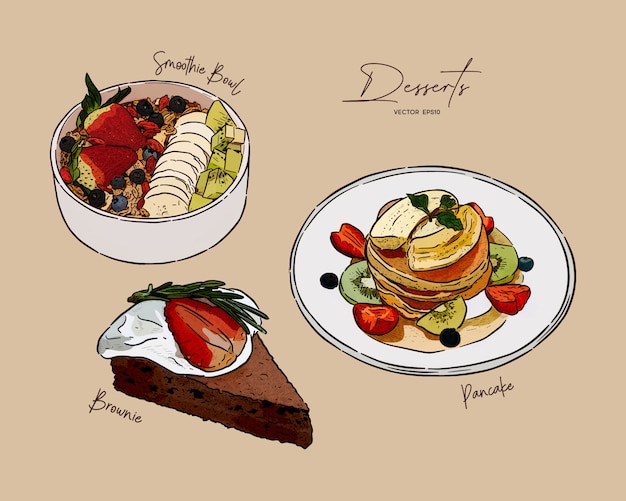 Vettore set di dessert, ciotola di frullato, pancake e brownie in cima con frutta varietà. schizzo di disegno a mano