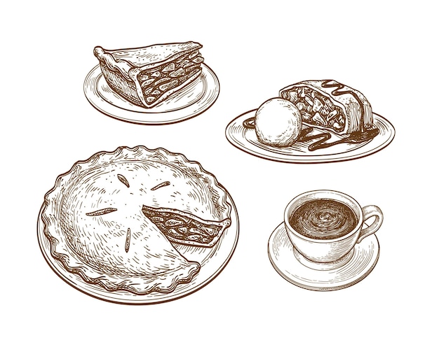 Set of desserts. Apple pie, strudel with ice cream and cup of tea or coffee. Ink sketches.