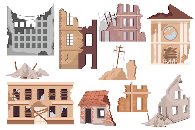 Vector set destroyed city buildings, post-apocalyptic war destruction, abandoned town infrastructure. natural disaster or cataclysm world ruins, isolated broken house dwellings. cartoon vector illustration