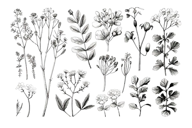 Vettore set di disegni botanici dettagliati di foglie di moringa oleifera natura collezione decorativa botanica illustrazione vettoriale collezione isolata set di foglie tropicali