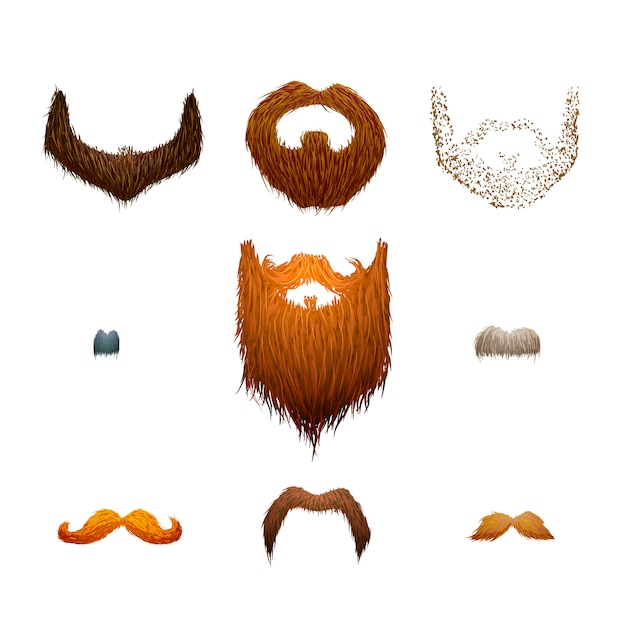 Vector set of detailed cartoon mustaches and beards on white