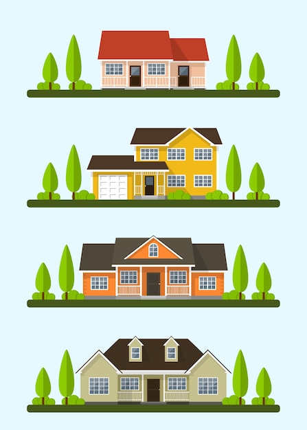 Set of detailed colorful cottage houses.  style modern buildings.  illustration