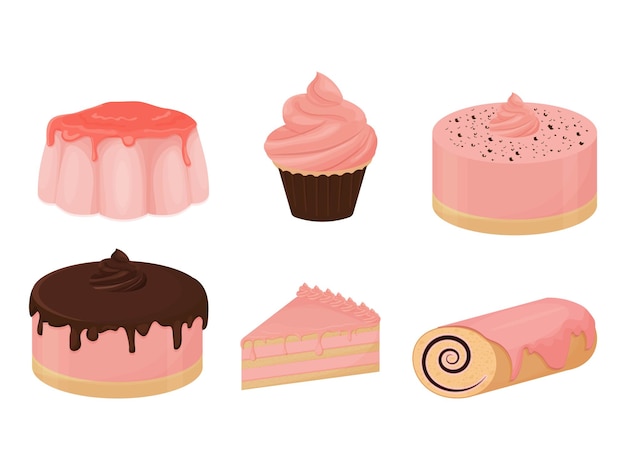 Vector set of detailed colorful desserts for romantic occasions valentine day dating wedding in pink
