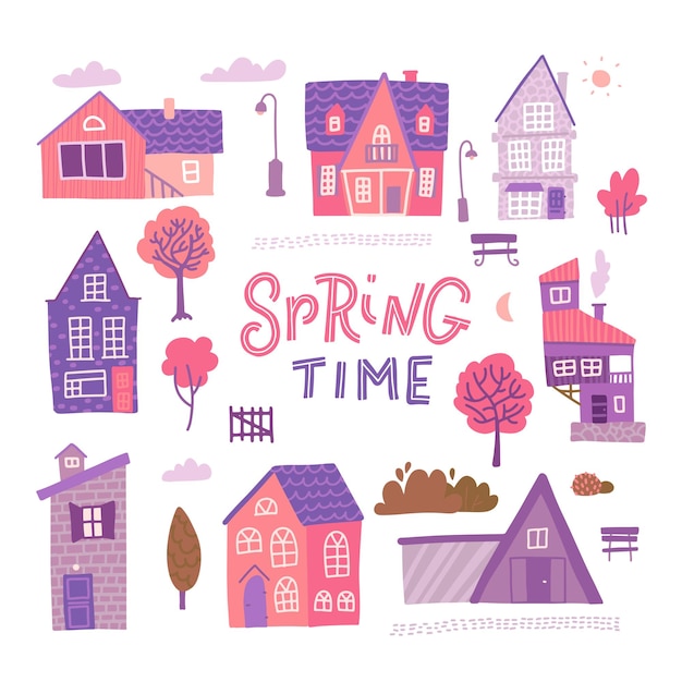 Vector set of detailed colorful houses for spring design. trendy style cute buildings.