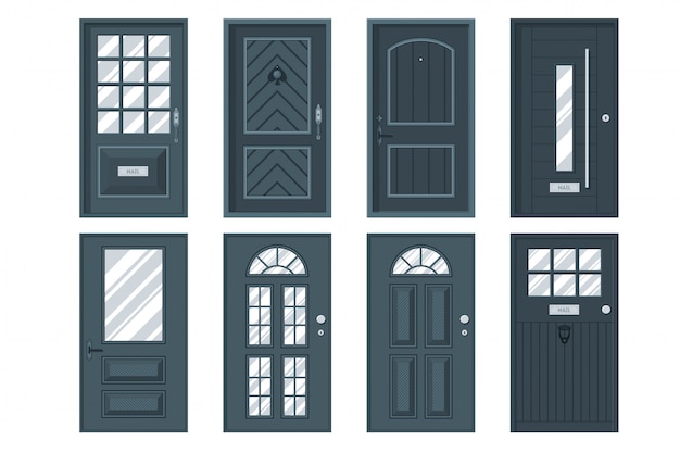 Vector set of detailed front doors for private house or building