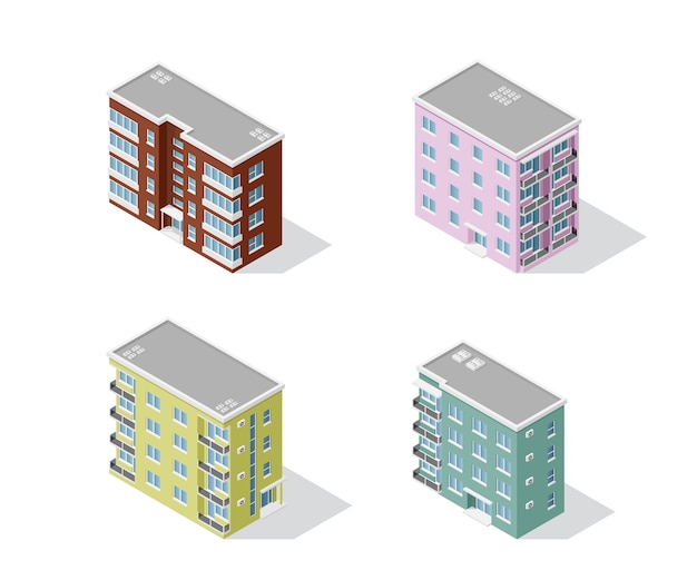 Set of detailed isometric houses isolated on white backgroung. Low poly town building, isometric icon or infographic element for city map creation