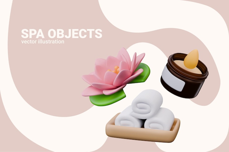 Vector set of detailed spa objects in 3d cartoon style decorative elements