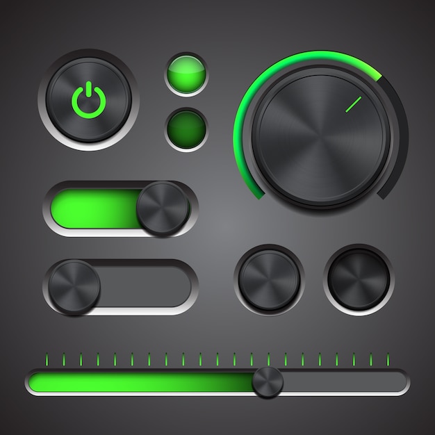 Vector set of the detailed ui elements with knob, switches and slider in metallic style.