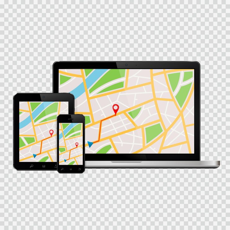 Vector set of devices with gps map on screen