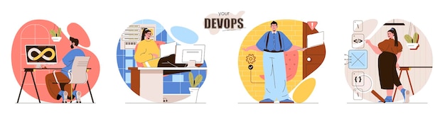 사람들이 문자의 DevOps 평면 디자인 컨셉 일러스트 설정