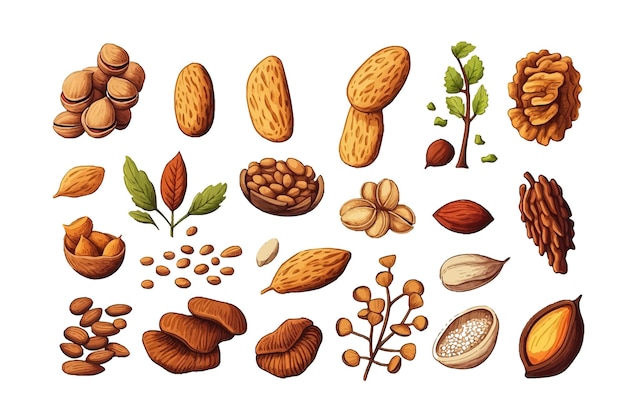 Set diet of nuts and seeds Vector cartoon flat elements isolated on background