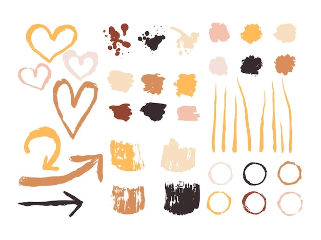 A set of different abstract shapes spots hearts arrows and blots drawn with a brush Large collection of design elements Vector illustration