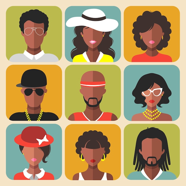 Set of different african american women and man app icons in flat style.