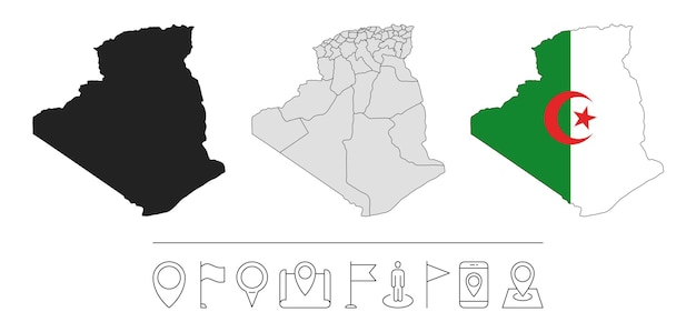 Set of different Algeria maps with national flag Navigation line icons Vector illustration