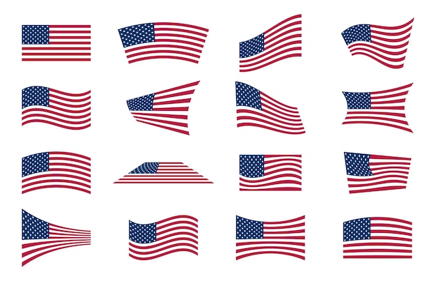 Set of different american flags in different poses USA flag vector illustration