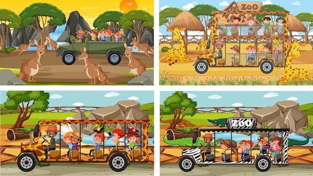 Set of different animals in safari scenes with kids