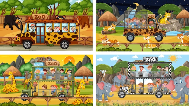 Set of different animals in safari scenes with kids