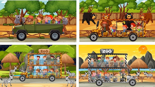 Set of different animals in safari scenes with kids