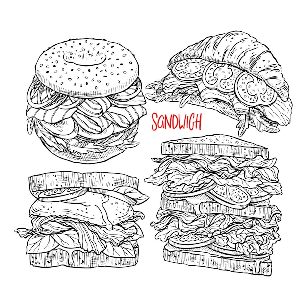 Set of different appetizing sandwiches. Hand-drawn illustration