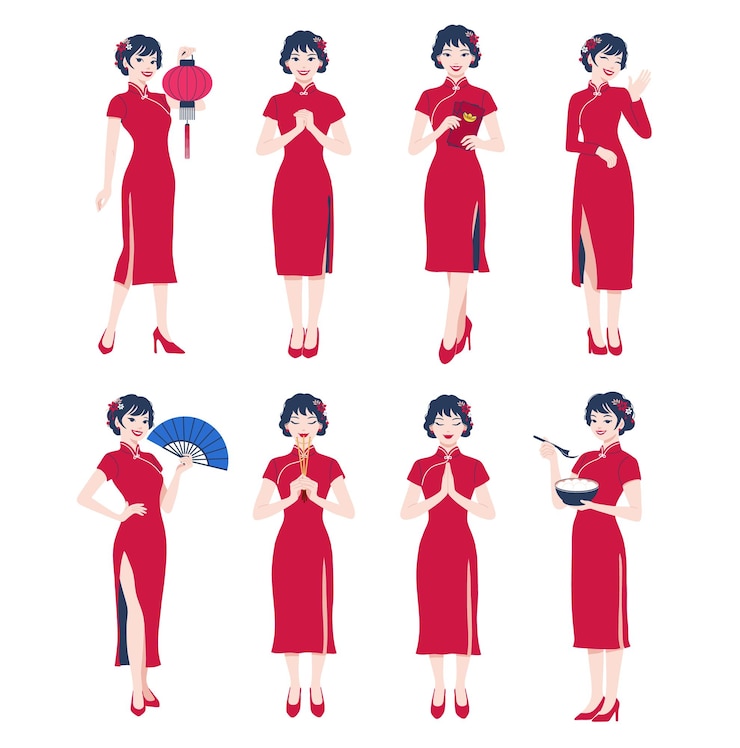 Vector set of different asian woman wearing traditional cheongsam qipao dress with chinese lantern