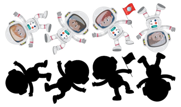 Vector set of different astronauts cartoon character with silhouette