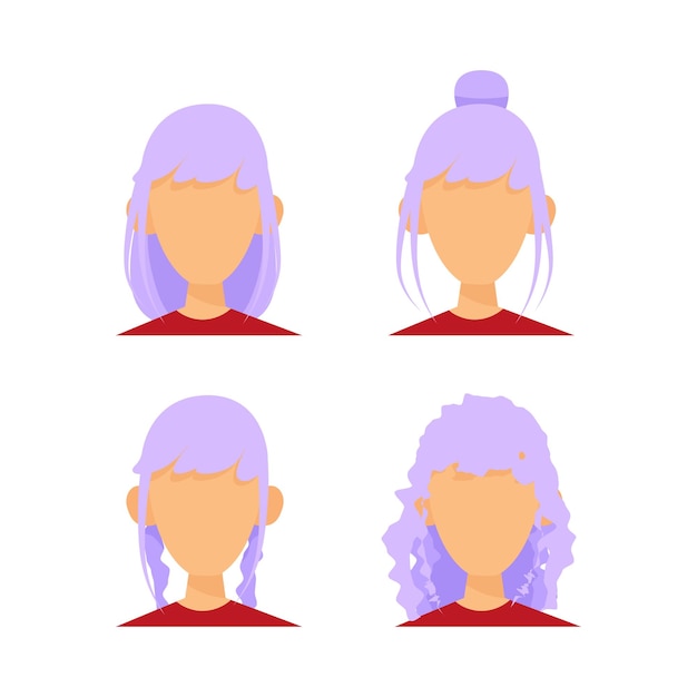 Vector set of different avatars of a woman with purple hair