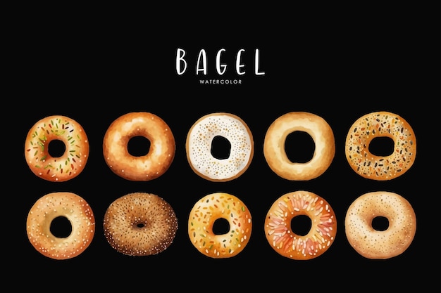 A set of different bagels in black background
