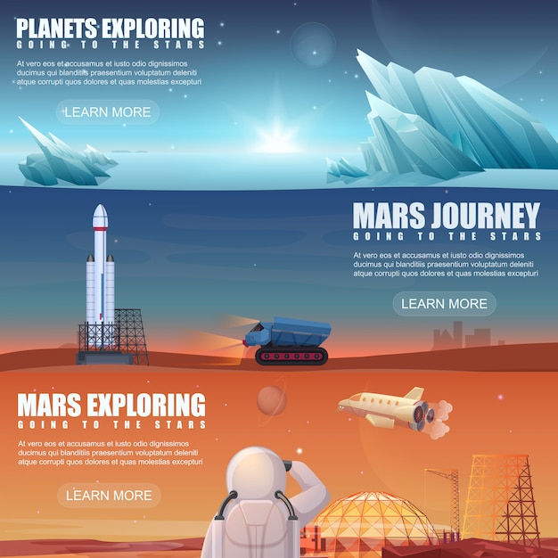 Set di diversi banner dedicati a pianeti alieni, esplorazione di marte, volo spaziale, esplorazione spaziale, missioni della colonizzazione.