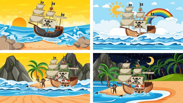 Set of different beach scenes with pirate ship and pirate cartoon character