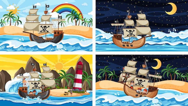 해적선과 해적 만화 캐릭터가 있는 다양한 해변 장면 세트