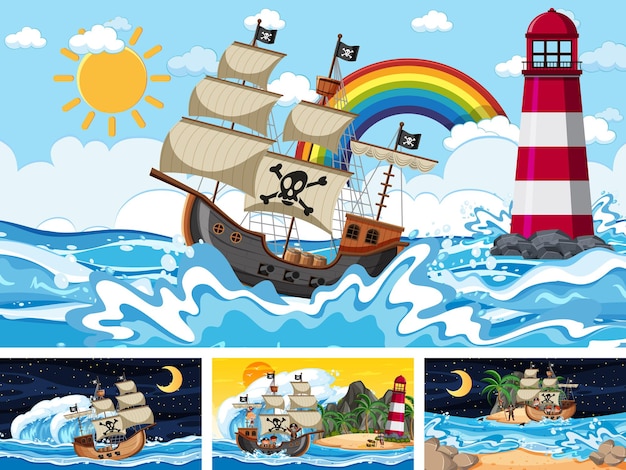 Set of different beach scenes with pirate ship and pirate cartoon character