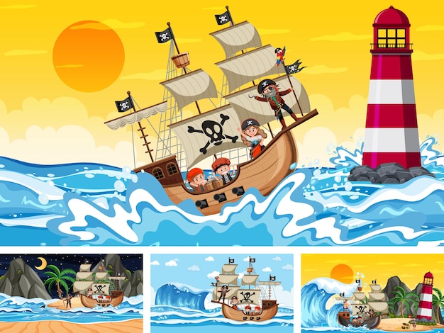 Set of different beach scenes with pirate ship