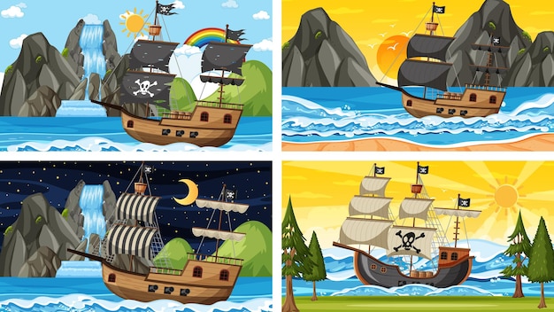 Set di diverse scene di spiaggia con nave pirata