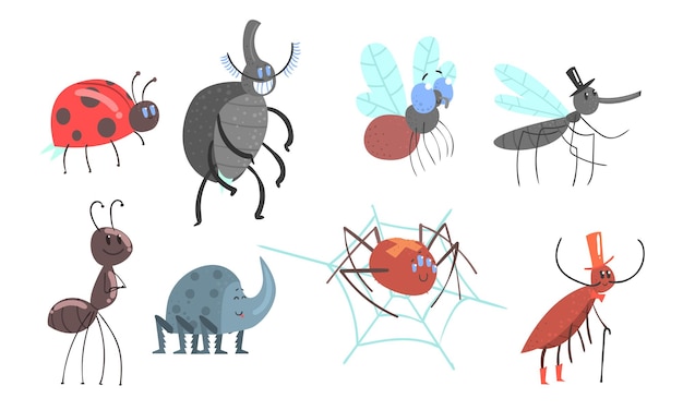 Set of different beetles and insects Vector illustration