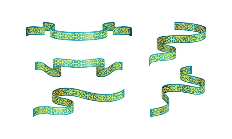 Vector set of different blue ribbons with golden traditional kazakh ornament isolated on a white background