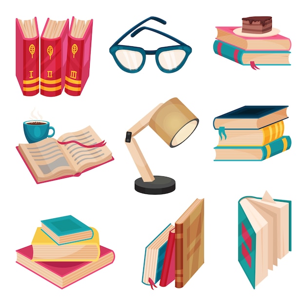 Vector set of different books next to a cup of coffee