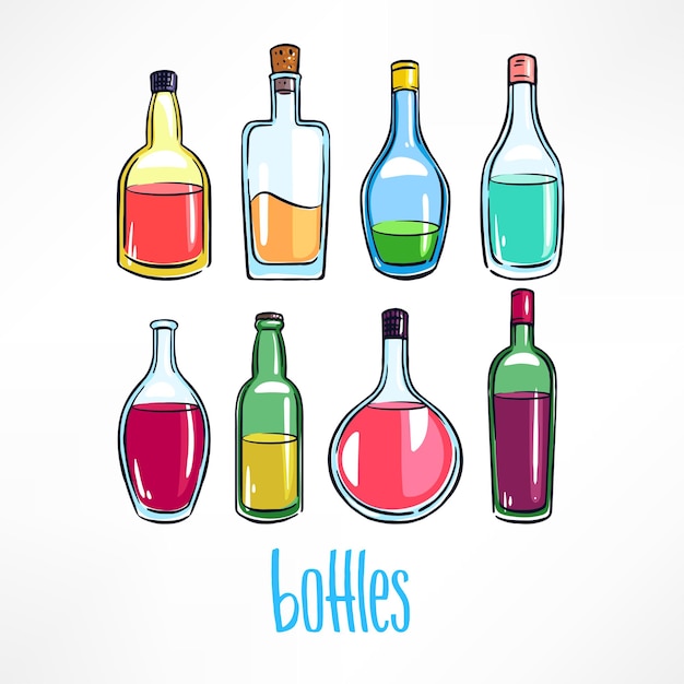 Set of different bottle with colorful beverages. hand-drawn illustration