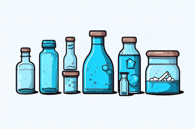 Set of different bottles of different sizes and colors