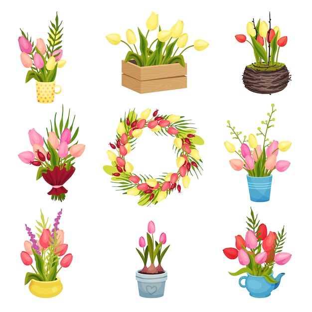 Set of different bouquets of tulips. In paper, mug, drawer, pot. Vector image.