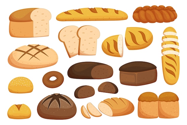 Set Of Different Bread And Wheat Bakery Products Isolated Baguette Loaf Bun Or Donut Pastry Collection