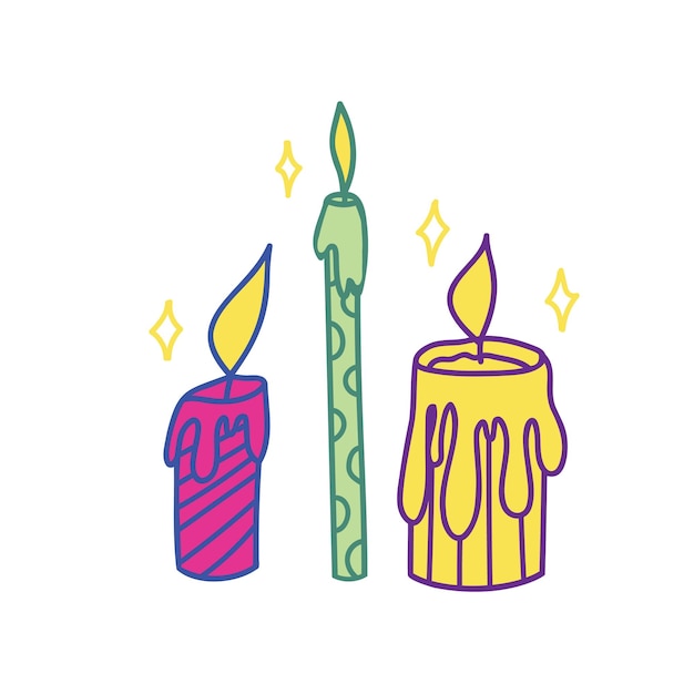 A set of different candles Vector color illustration in doodle style Cartoon clipart Bright elements for your design