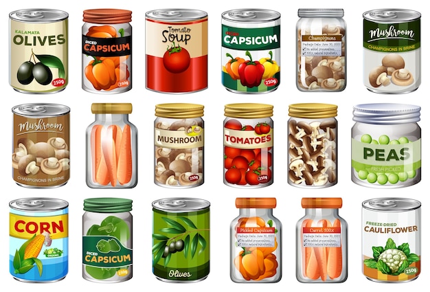 Набор различных консервов и продуктов питания в изолированных банках