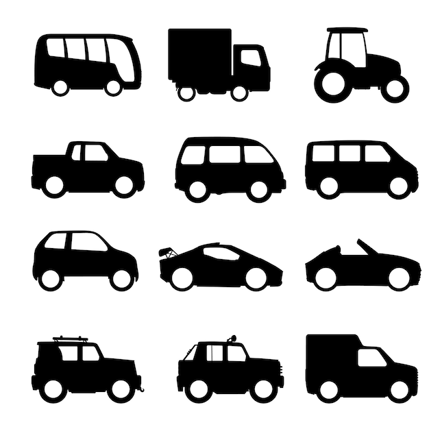 さまざまな車の種類のシルエット ベクトル図のセット