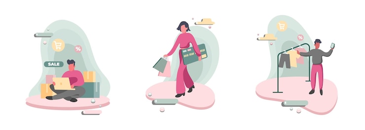 Vector set of different cartoon characters doing shopping online