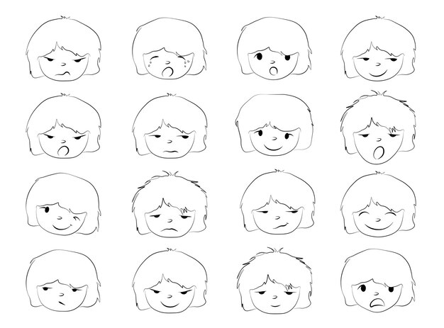 Vector set of different cartoon facial expressions outline vector doodle sketch emotion faces feeling faces