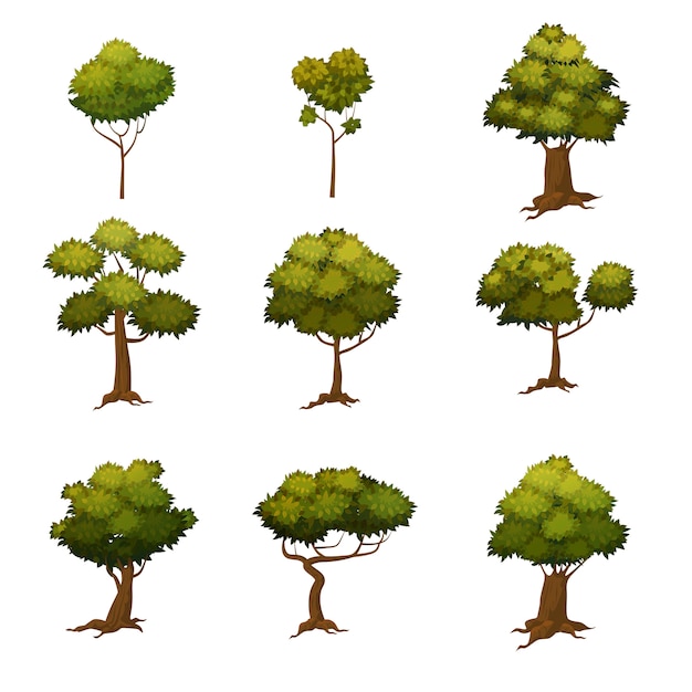 Set of different cartoon style trees, vector illustration